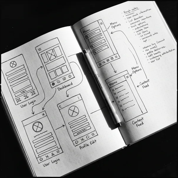 Hand-drawn wireframe sketchbook